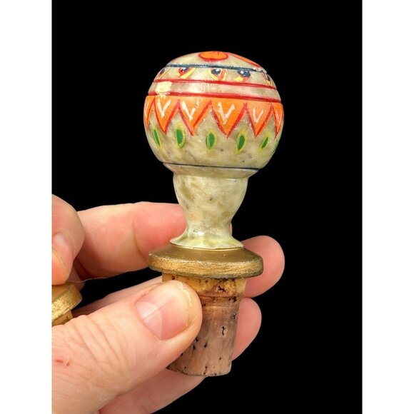 Vintage Set 2 Hand Painted Etched Marble Stone Wine Bottle Stoppers Barware BOHO - Picture 5 of 10